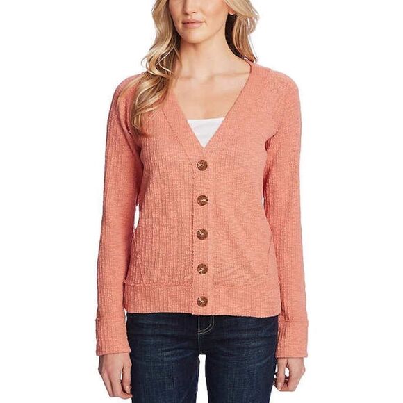 Two by Vince Camuto Peach Pink Vneck Button Up Top Blouse Textured - Picture 1 of 9